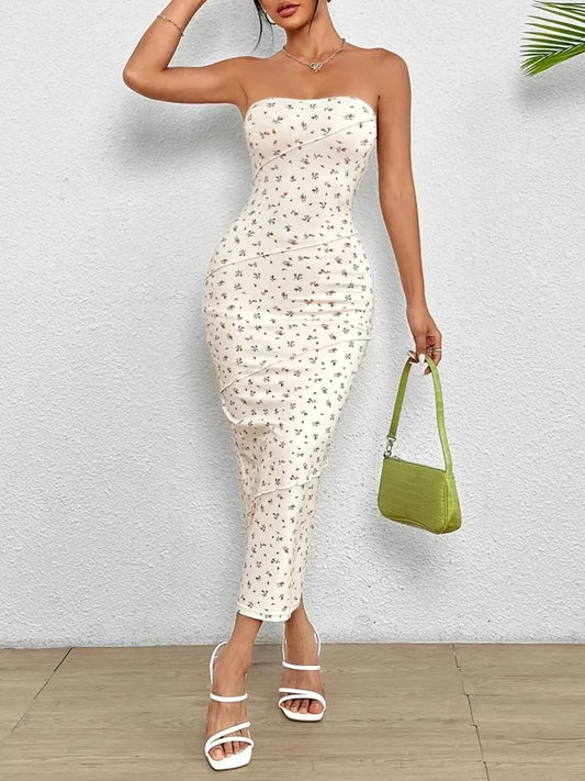 Sarah Express Women's Floral Print Bodycon Tube Dress - Ruched Strapless Mini Dress Red