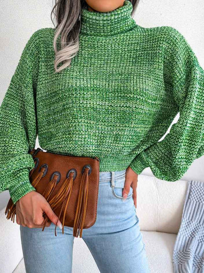 Sarah Express Women's Mixed Color Turtleneck Sweater - Lantern Sleeve Knit Pullover Green