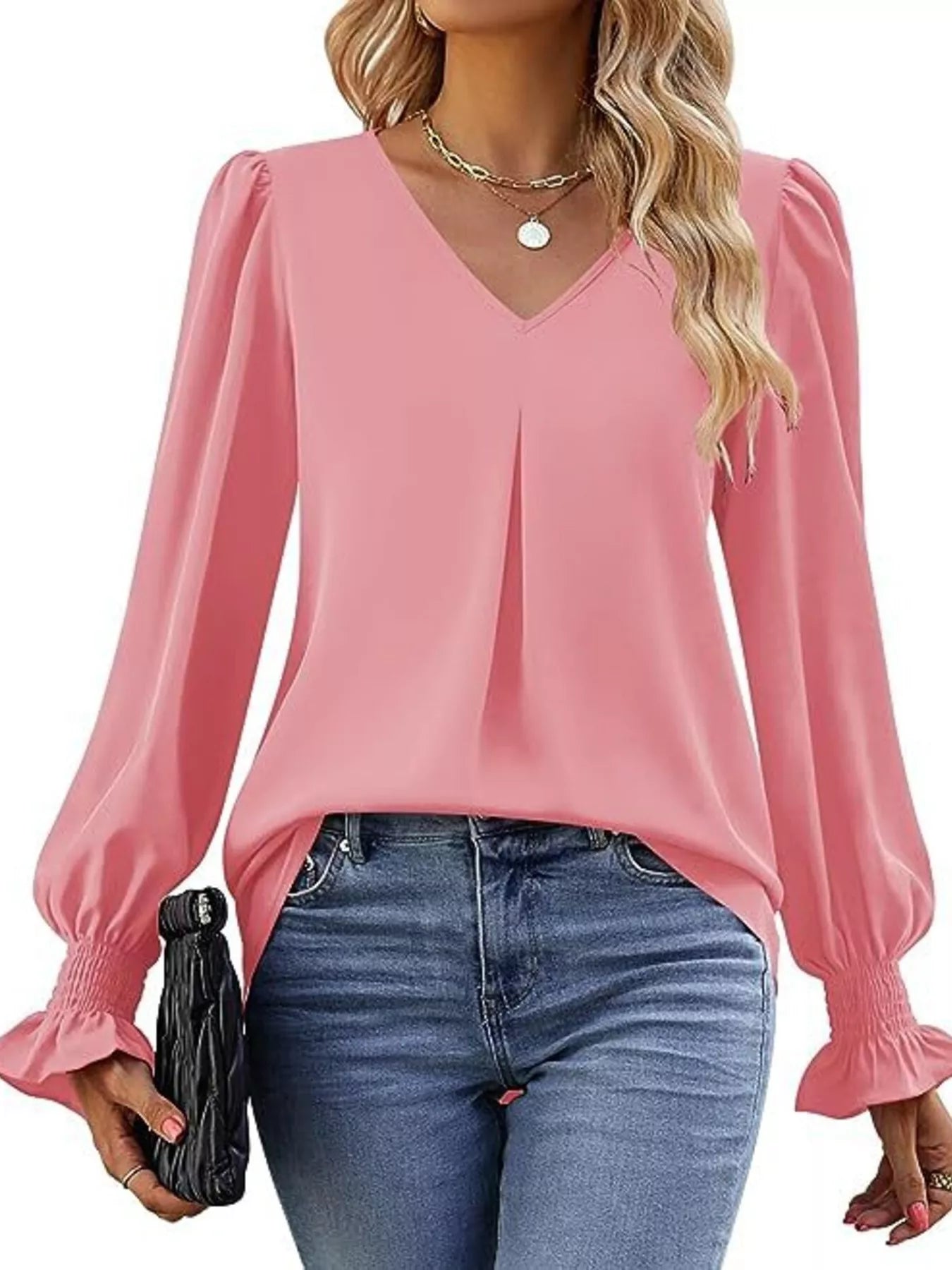 Sarah Express Women's V-Neck Long Sleeve Ruffle Cuff Blouse