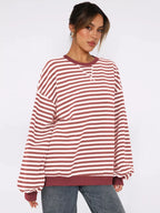 Sarah Express Women's Striped Round Neck Long Sleeve Sweatshirt Scarlet