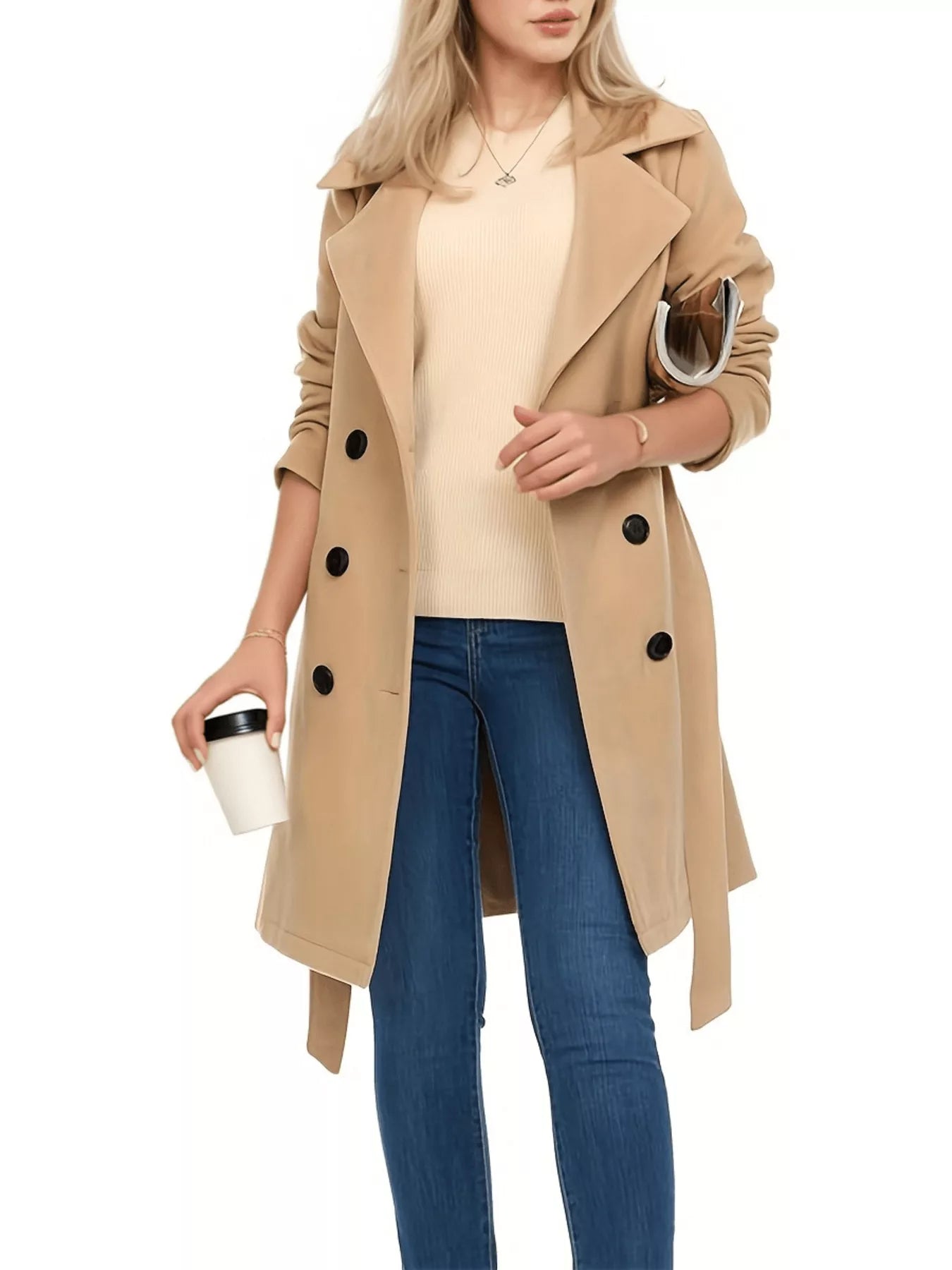 Sarah Express Women's Double Breasted Long Sleeve Coat Khaki