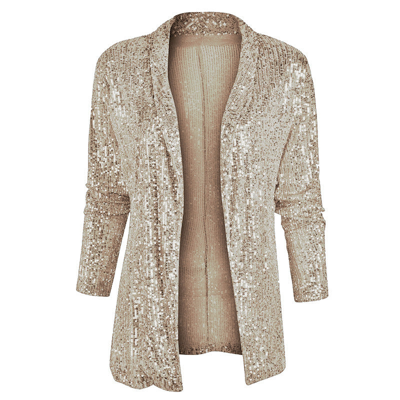 Women's Sequin Long Sleeve Blazer Jacket Polo Collar Mid-Length