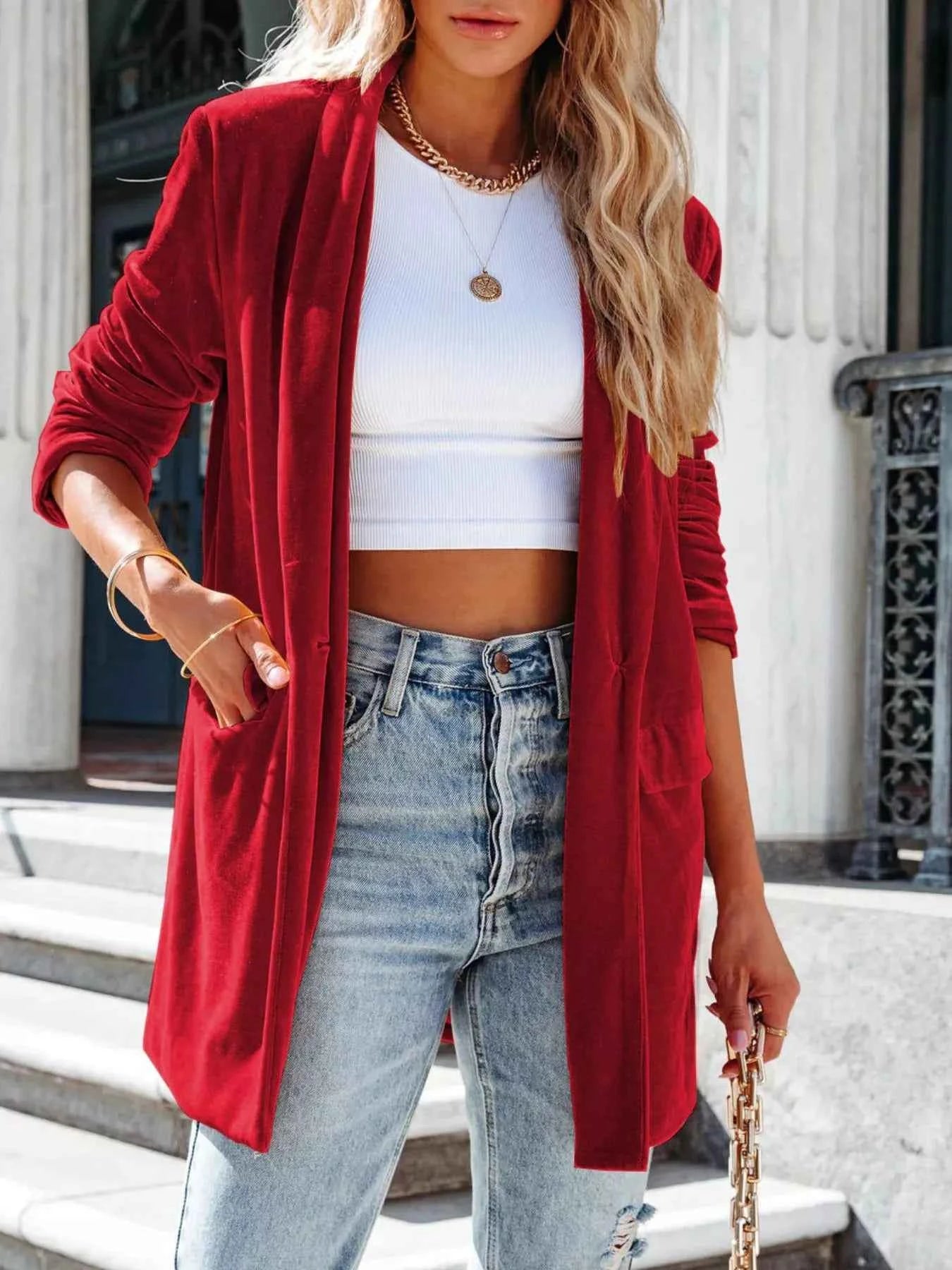 Sarah Express Women's Velvet One Button Blazer Jacket - Elegant Outerwear