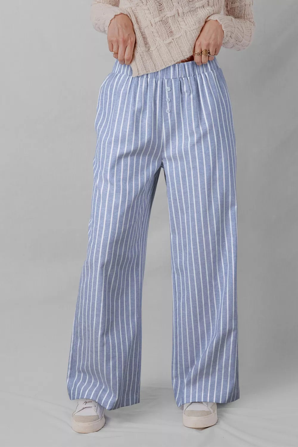 Sarah Express Women's Stripe Buttoned Detail Loose Casual Pants Light Blue