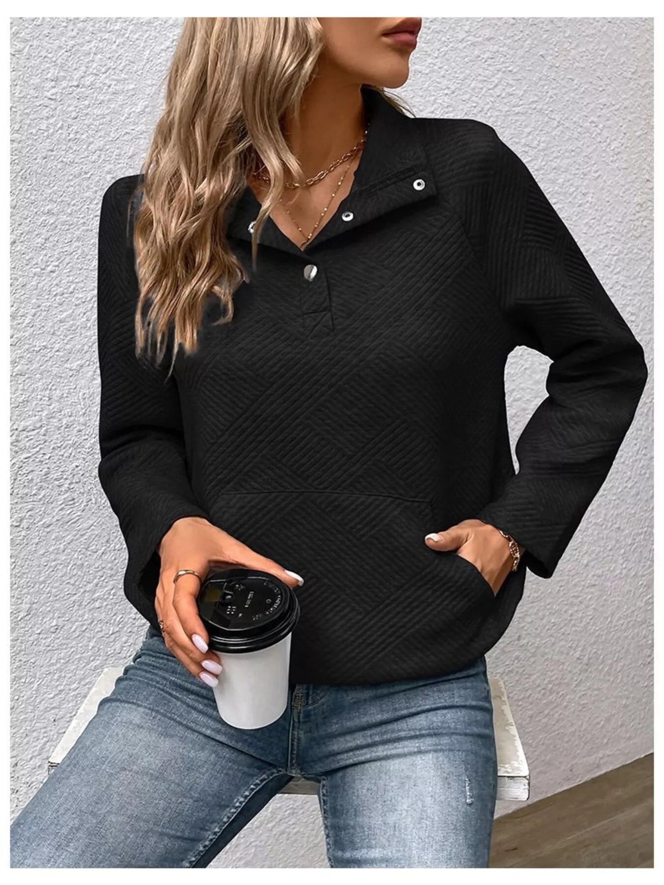 Sarah Express Women's Textured Quarter Snap Sweatshirt Black