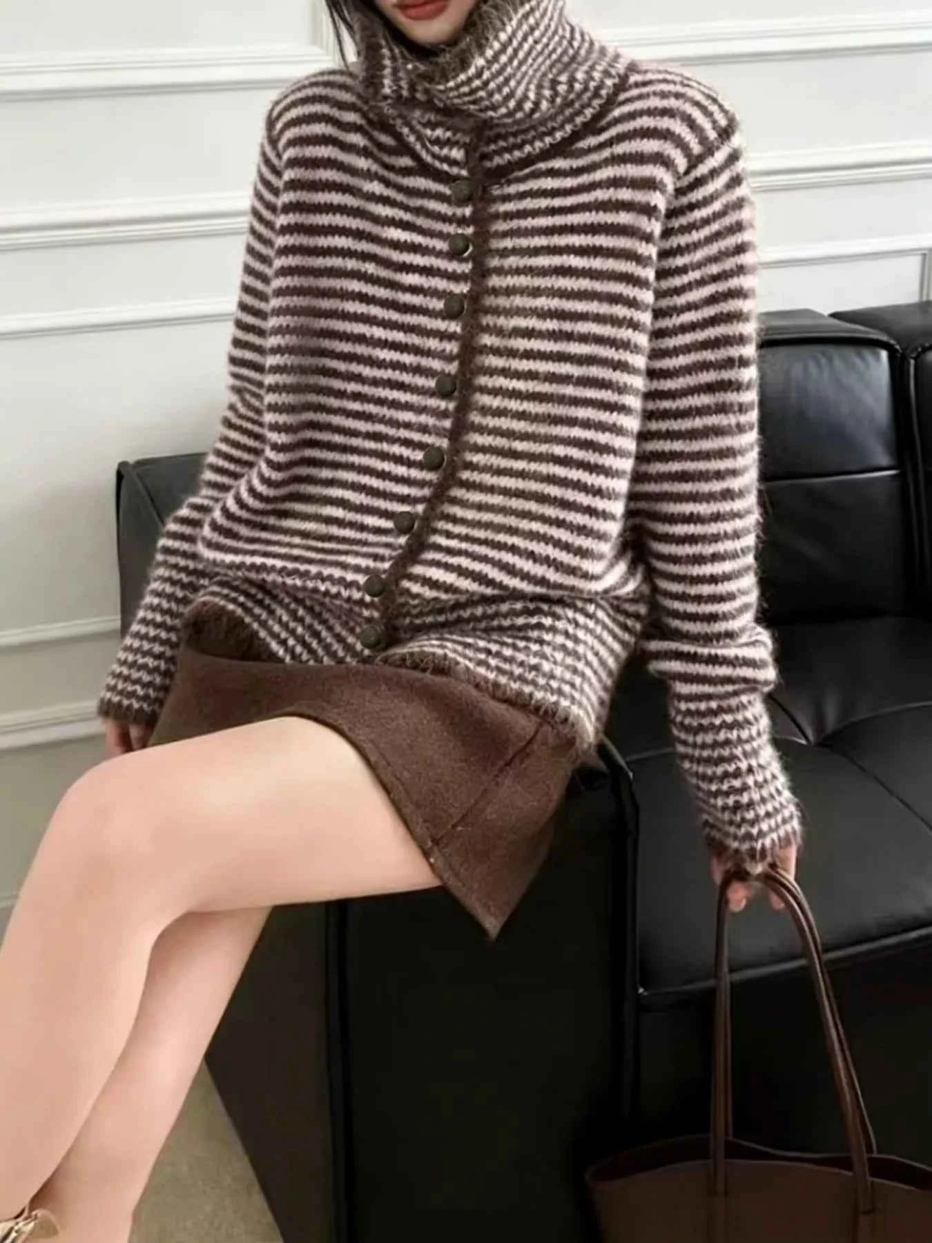 Sarah Express Women's Striped Knit Button-Down Cardigan - Cozy Acrylic Sweater