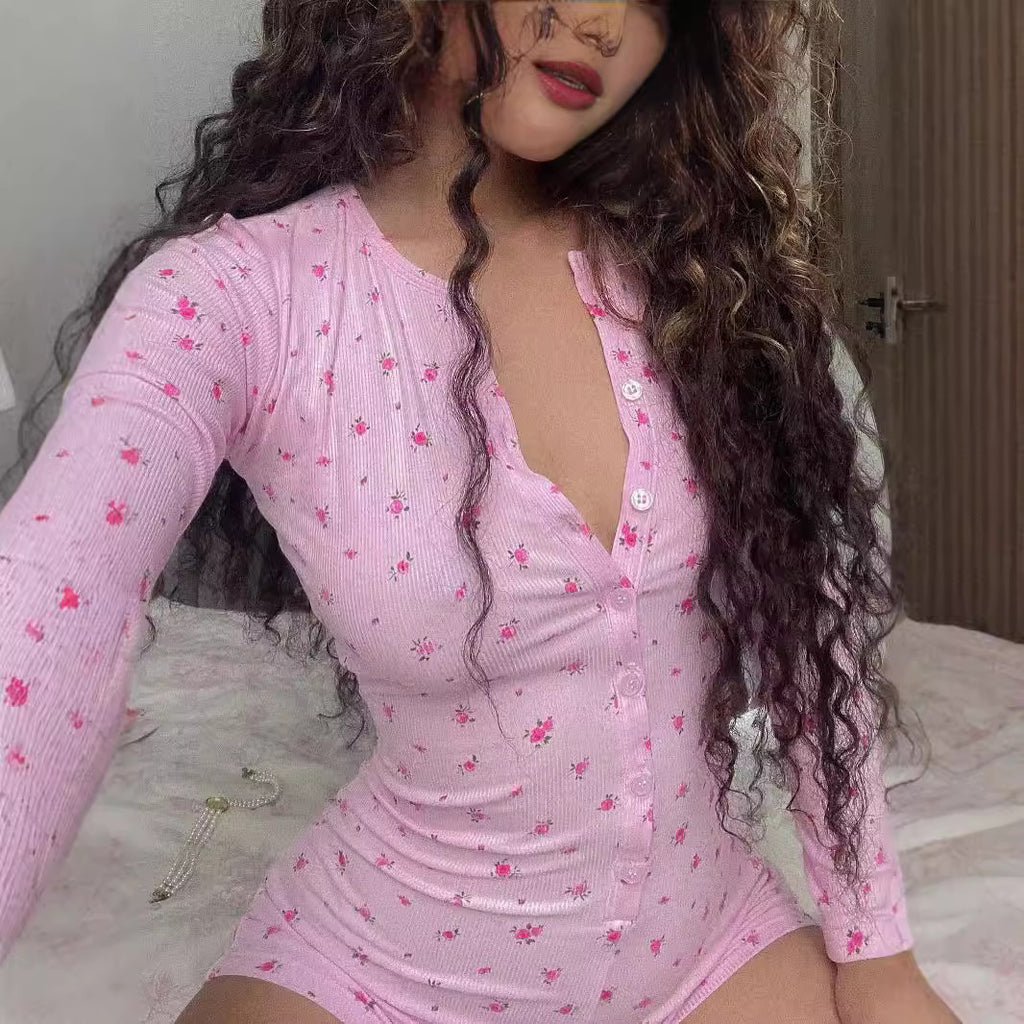 Sarah Express Floral V-Neck Double Breasted Long Sleeve Romper Shorts Jumpsuit