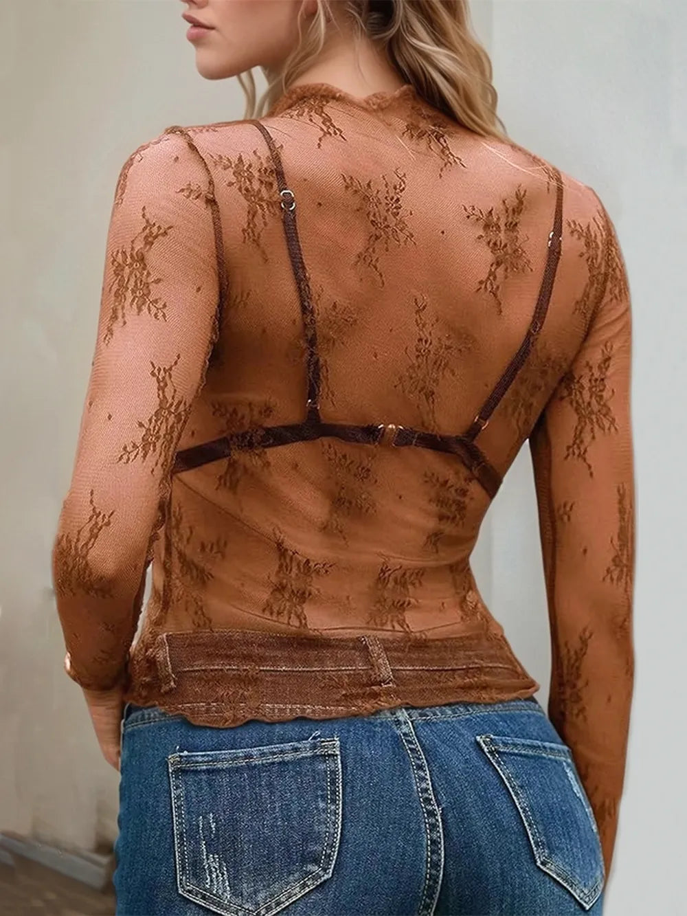 Sarah Express Women's Floral Mock Neck Long Sleeve Mesh Top