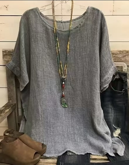 Sarah Express Women's Cotton Blend Round Neck Blouse 3/4 Sleeve Loose Fit Top