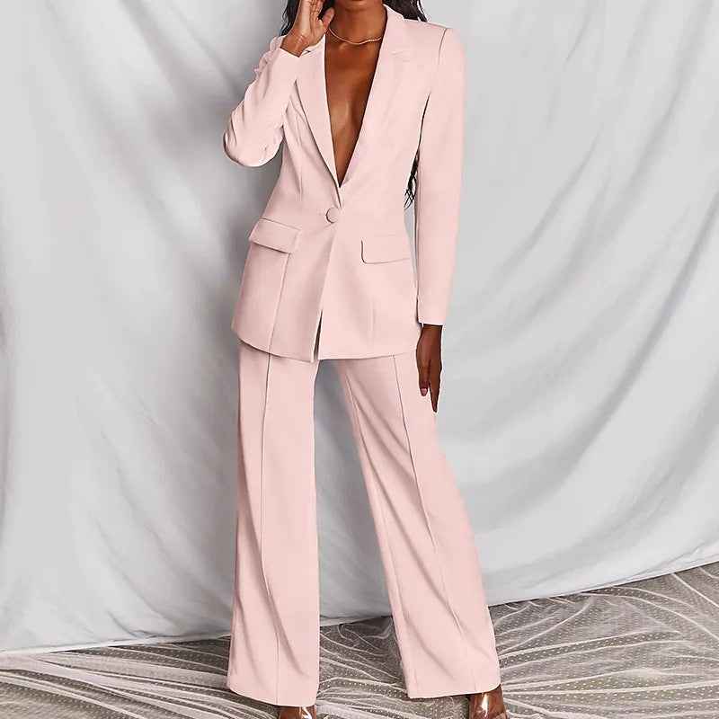 Sarah Express Women's Two Piece Blazer Suit Set - Lapel Button Down Jacket & Straight Leg Pants Pink XS