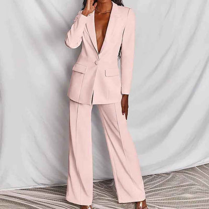 Sarah Express Women's Two Piece Blazer Suit Set - Lapel Button Down Jacket & Straight Leg Pants Pink XS