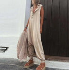 Sarah Express Button-Front Hooded Sleeveless Jumpsuit with Trousers