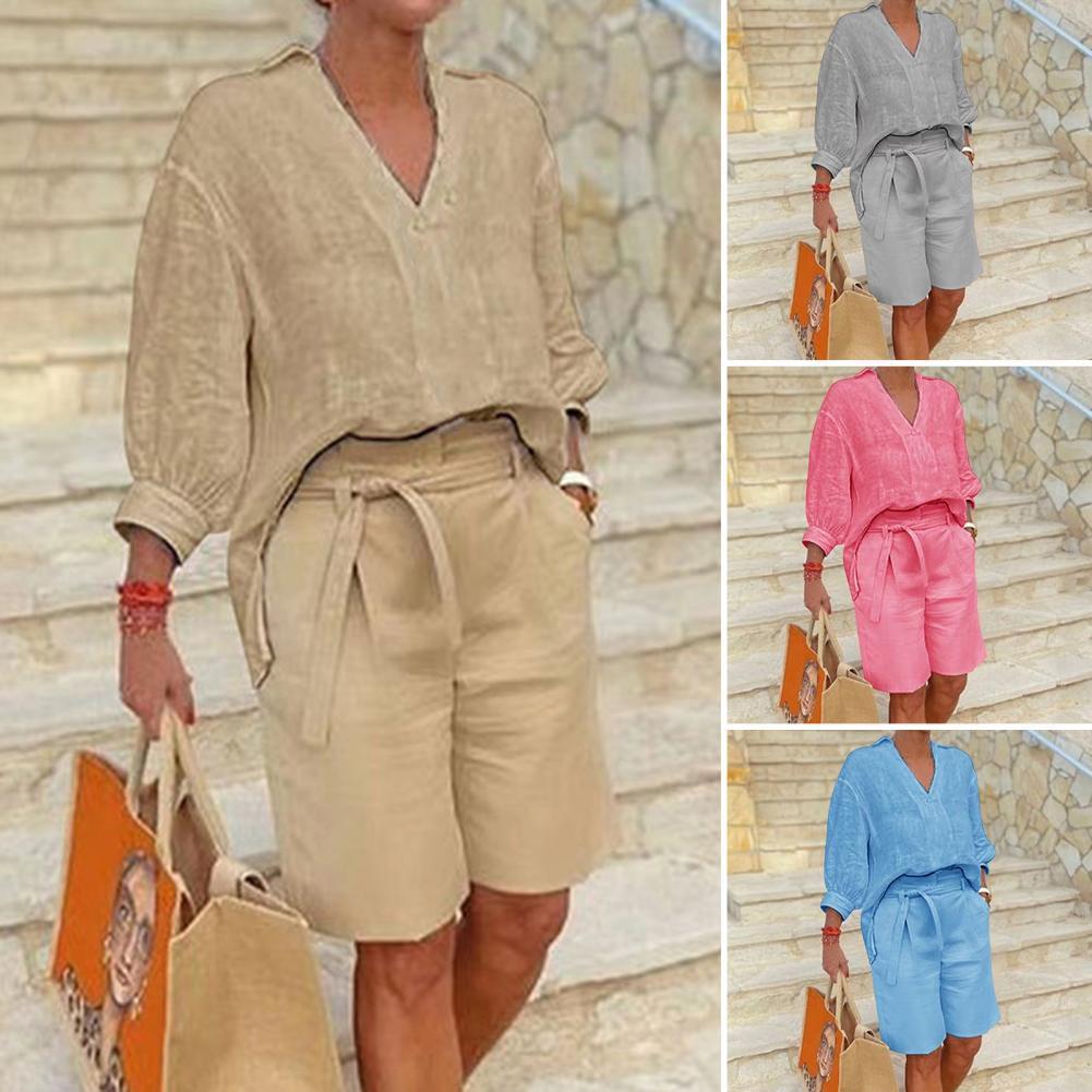 Sarah Express Women's Cotton Linen Half Sleeve Top and Capri Pants Two-Piece Casual Set