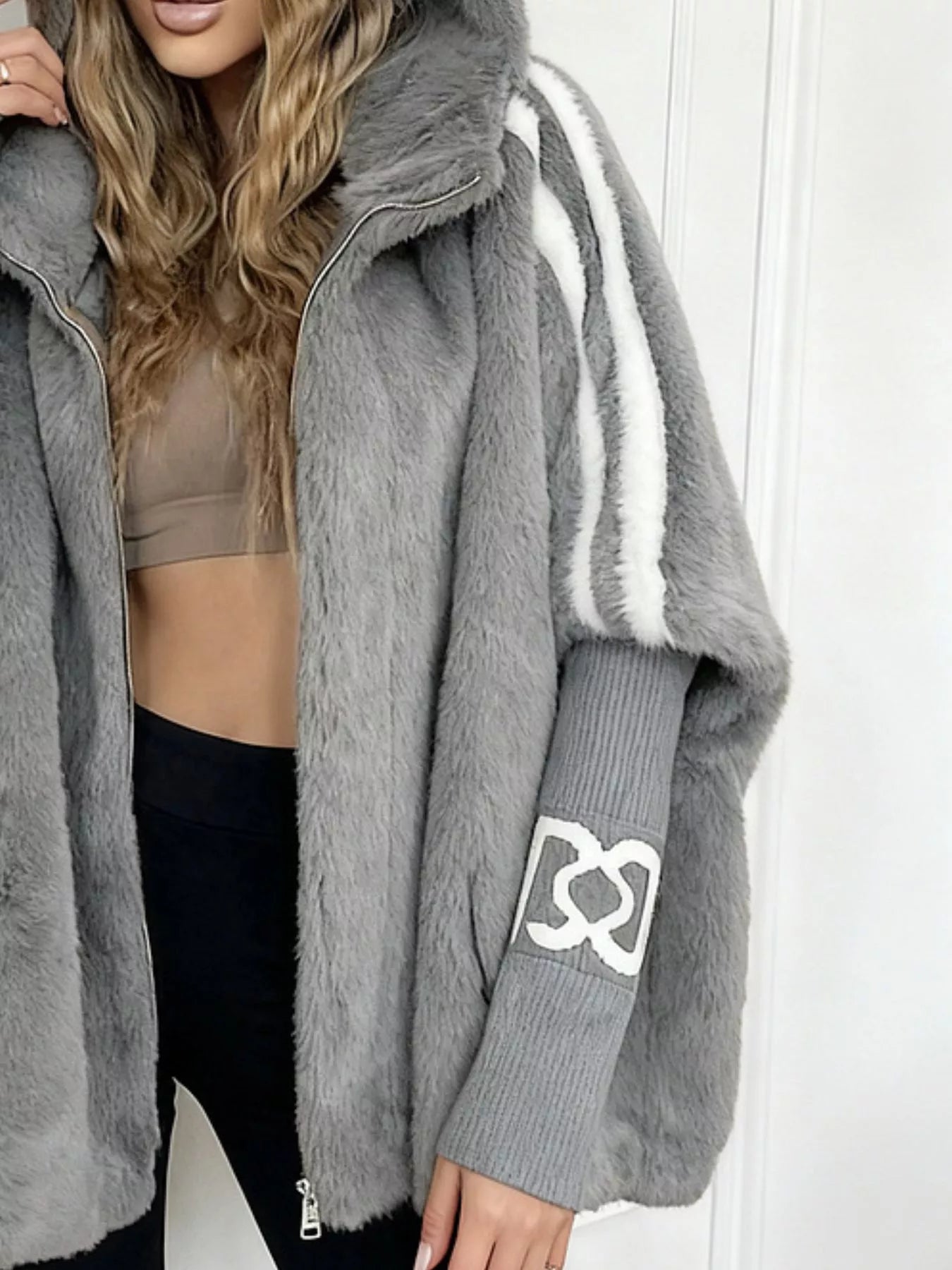 Sarah Express Women's Hooded Faux Fur Striped Trim Outerwear Jacket