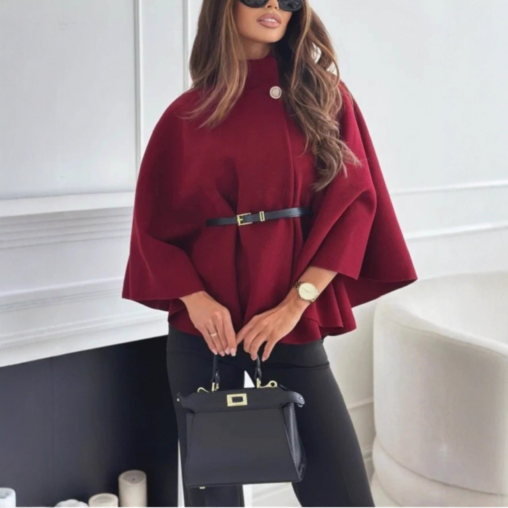 Sarah Express Women's Stand Collar Batwing Sleeve Cloak Top with Belt - Temperament Woolen Jacket Sweater Wine Red XS
