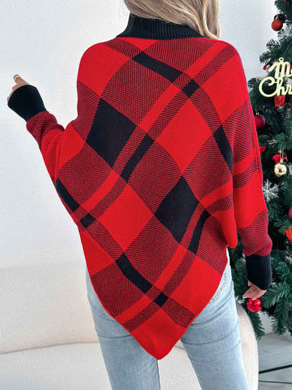 Sarah Express Women's Color Block Plaid Turtleneck Poncho Sweater - Oversized Knit Pullover