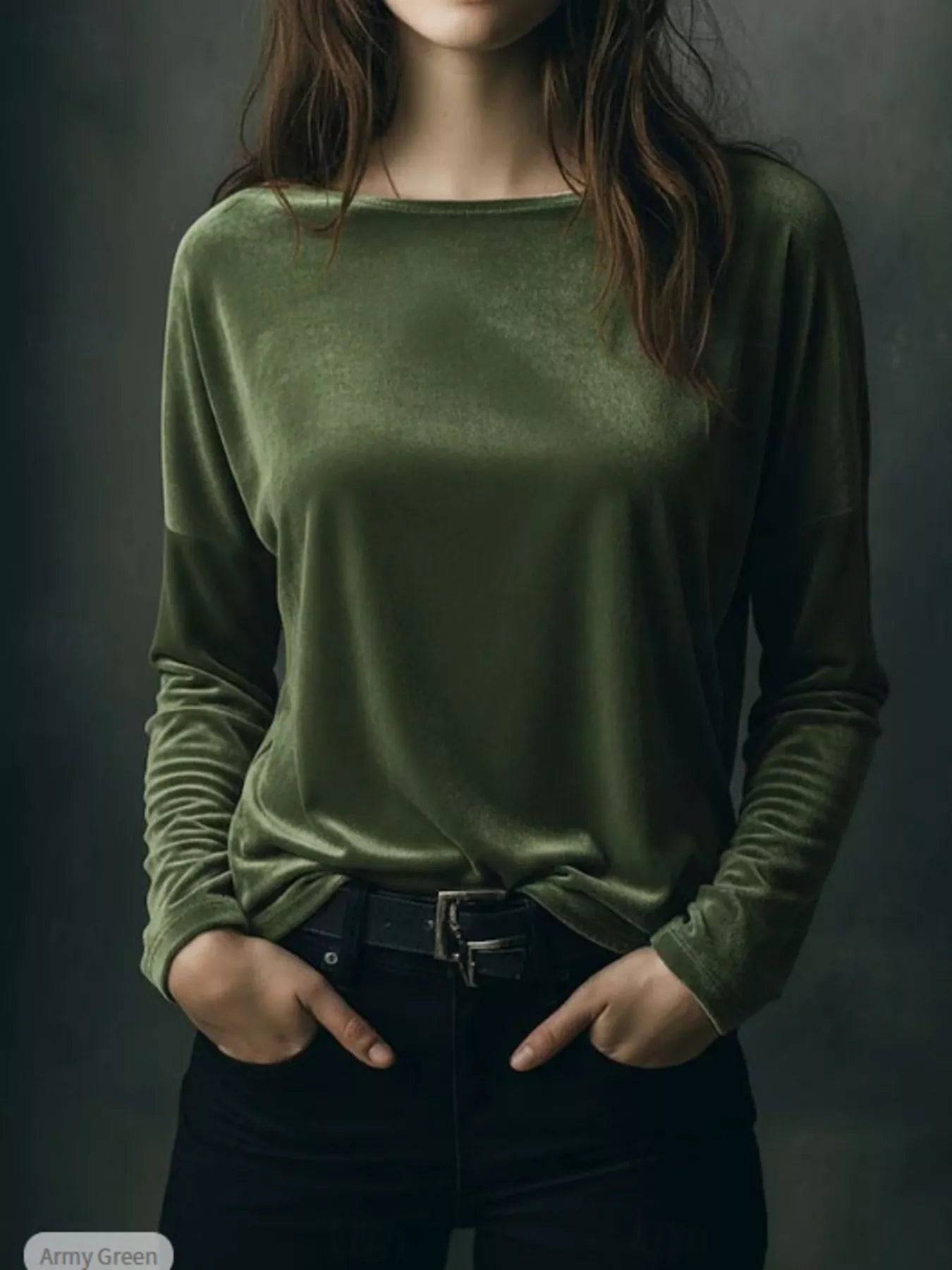 Sarah Express Women's Velvet Long Sleeve T-Shirt - Luxe Soft Touch Top for Plus Size Moss