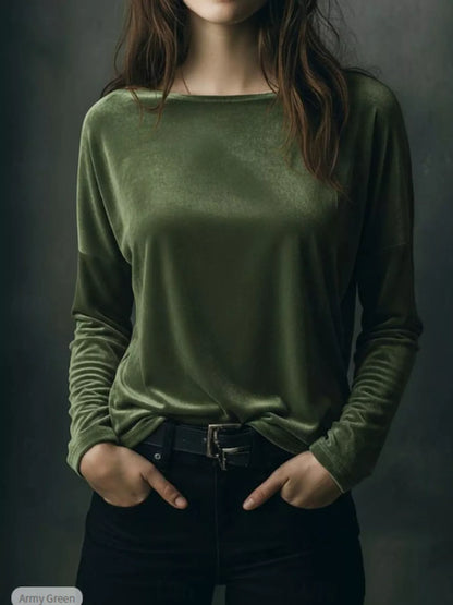 Sarah Express Women's Velvet Long Sleeve T-Shirt - Luxe Soft Touch Top for Plus Size Moss