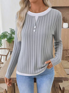 Sarah Express Women's Ribbed Knit Button Detail Contrast Sweater