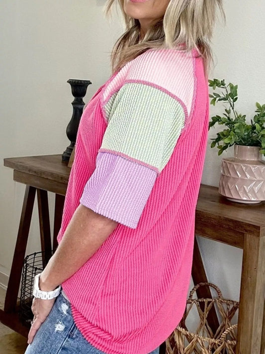 Trendsi Women's Twisted Ribbed Color Block Patchwork Henley Short Sleeve T-Shirt