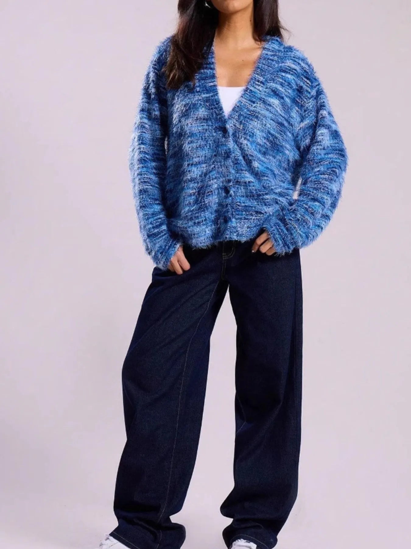 Sarah Express Women's Fuzzy Button Down Chunky Cardigan Blue