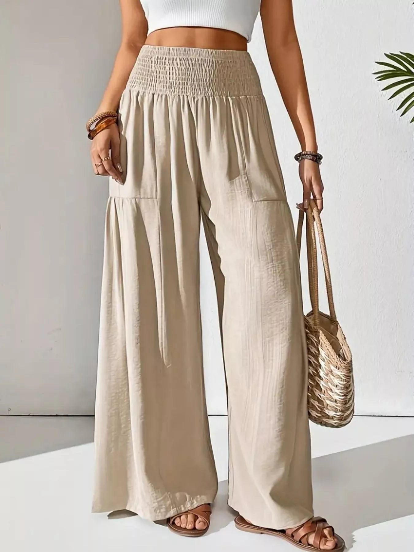 Sarah Express Women's Smocked Waist Wide Leg Pants Tan