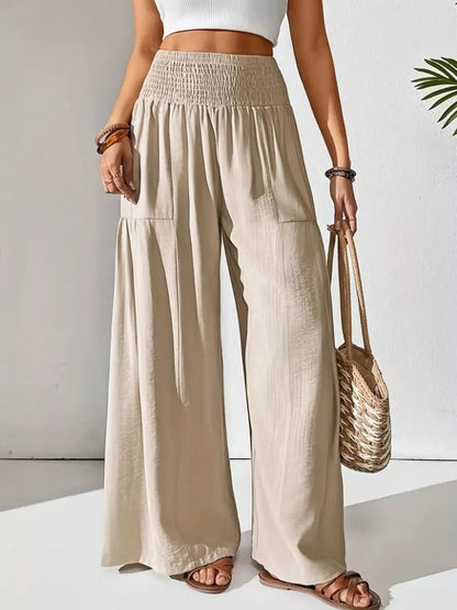 Sarah Express Women's Smocked Waist Wide Leg Pants Tan