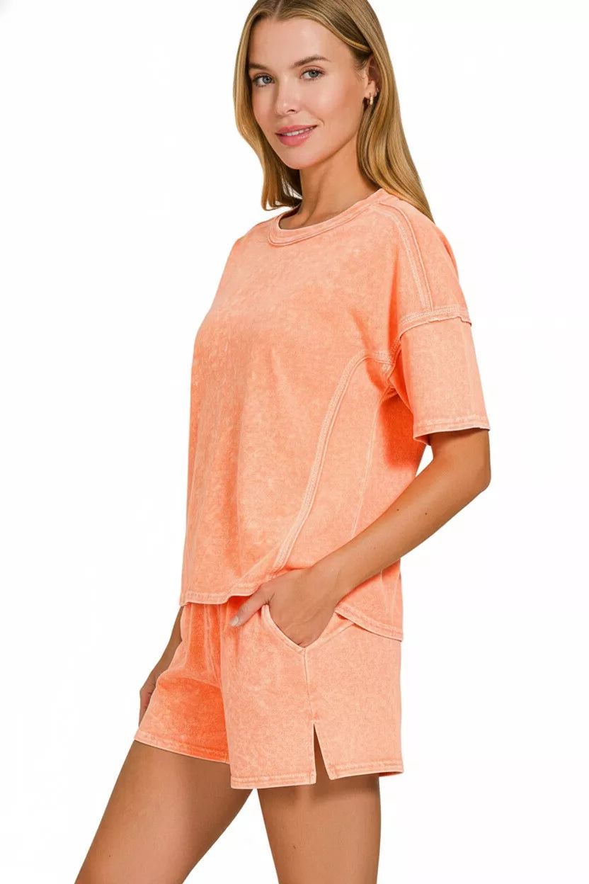 Sarah Express Women's Snow Washed Short Sleeve Tee and Shorts Set