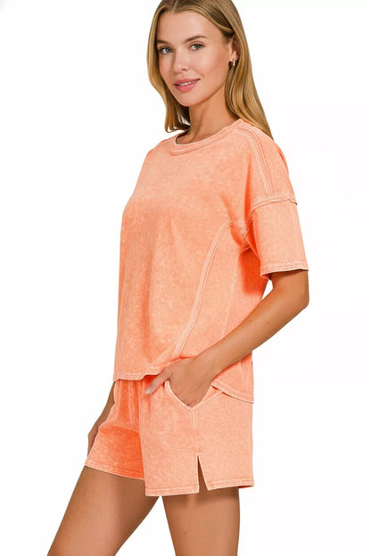 Sarah Express Women's Snow Washed Short Sleeve Tee and Shorts Set
