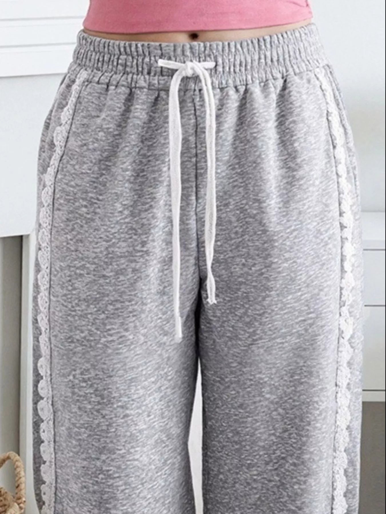 Sarah Express Women's Lace Trim Wide Leg Pants