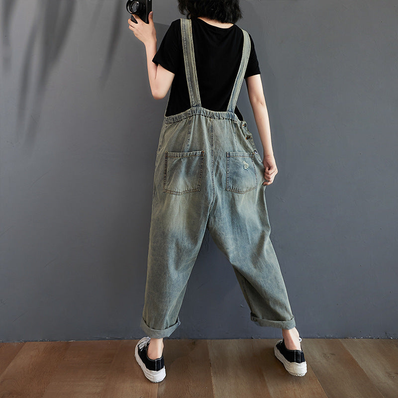 Sarah Express Ripped Denim Overalls Women Retro Light Wash Cotton Summer