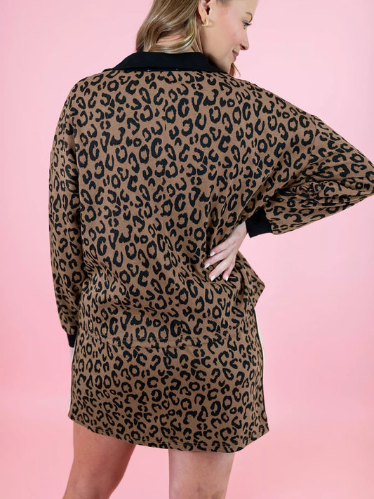 Sarah Express Women's Leopard Print Half Zip Pullover & Drawstring Skirt Set