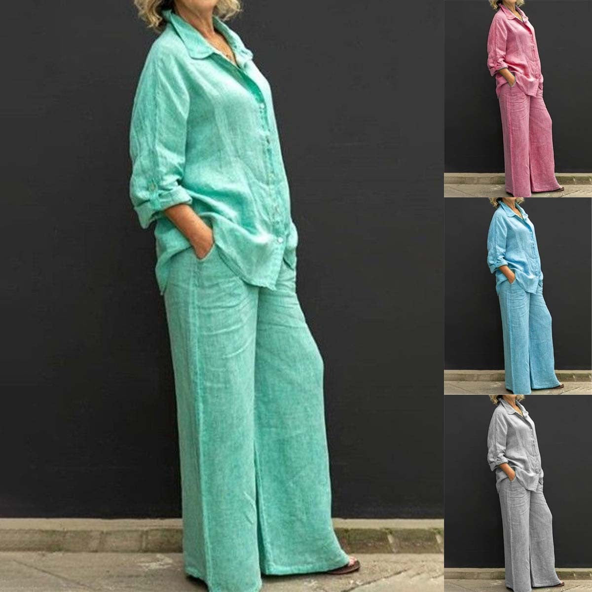 Sarah Express Casual Urban Shirt and Pants Set Long Sleeve Two Piece Matching Outfit