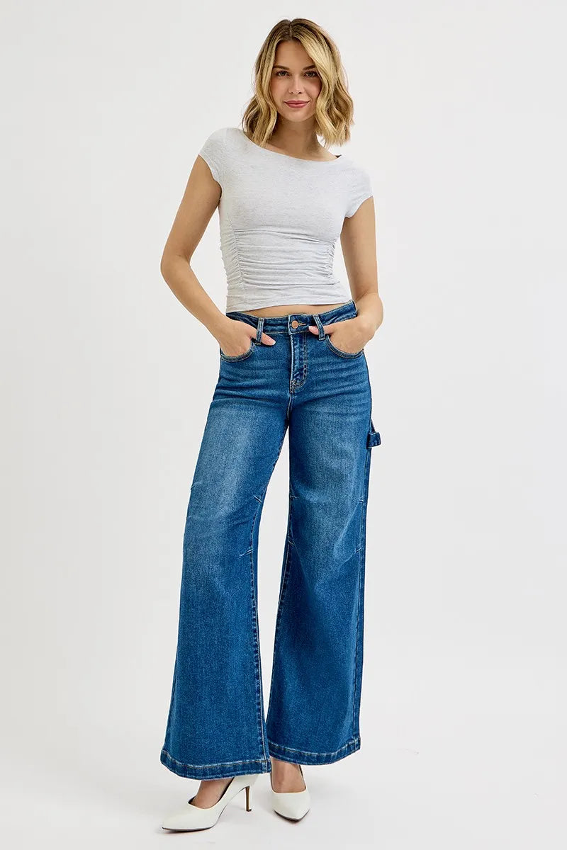 Sarah Express Women’s Plus Size High Rise Wide Leg Jeans with Patch Detail