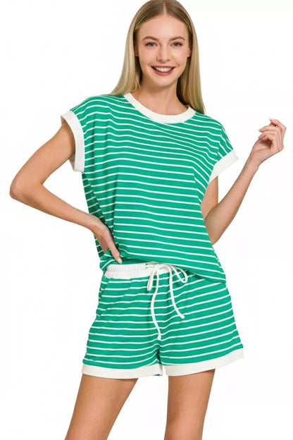 Sarah Express Women's Stripe Contrast Trim Top & Shorts Set