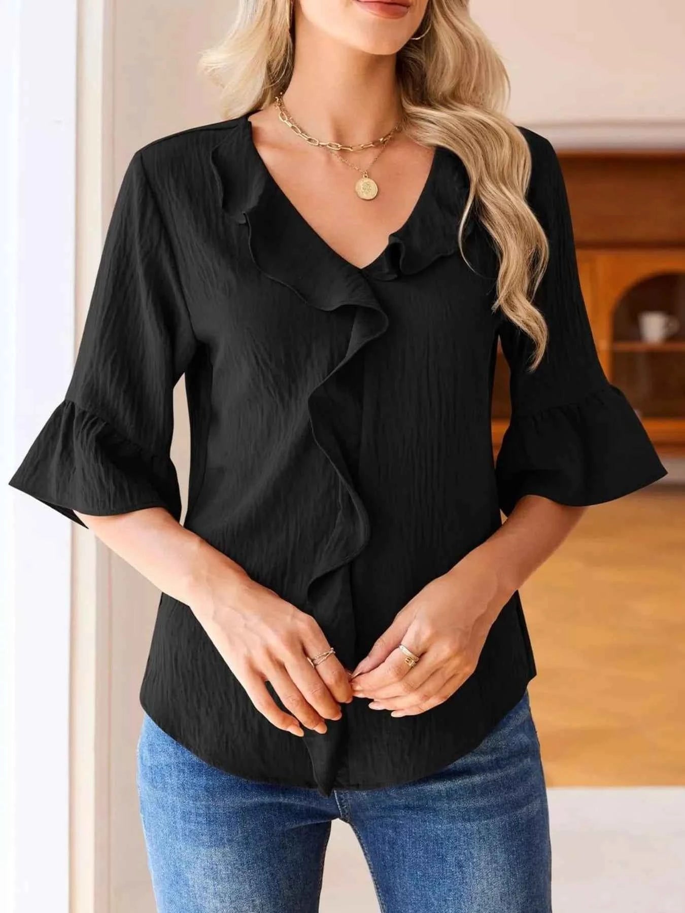 Sarah Express Women's Ruffled Flounce Sleeve Blouse - Elegant Polyester Top