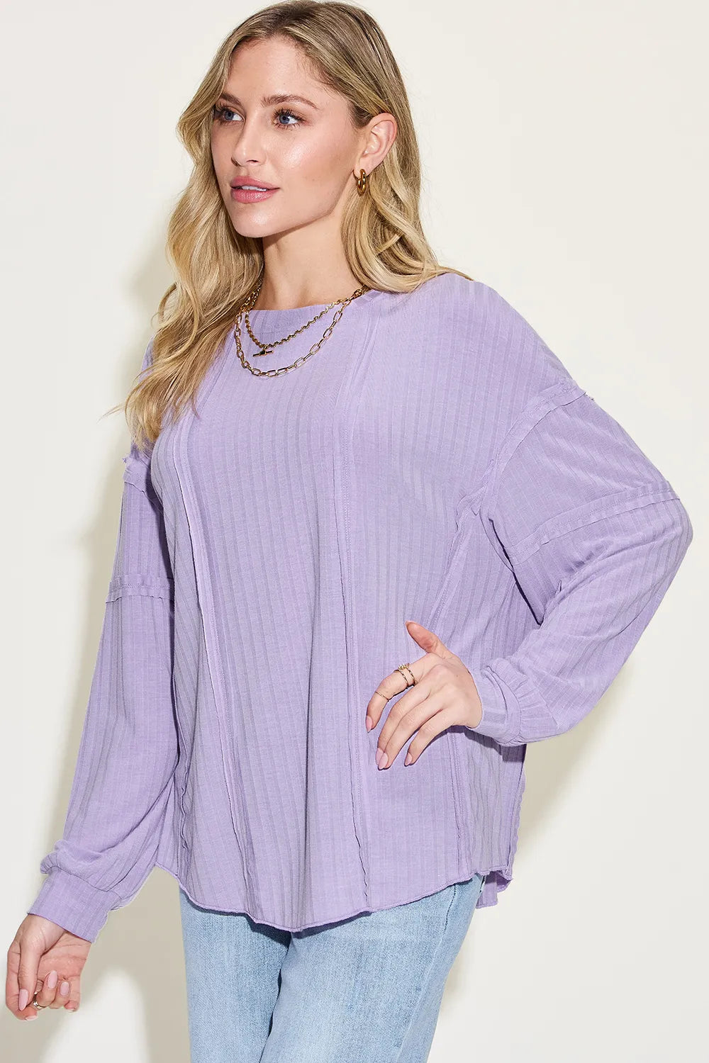 Sarah Express Women’s Plus Size Ribbed Long Sleeve T-Shirt with Exposed Seam
