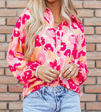 Sarah Express Women's Floral Print Puff Sleeve Button-Down Shirt Polyester Pink