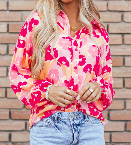 Sarah Express Women's Floral Print Puff Sleeve Button-Down Shirt Polyester Pink