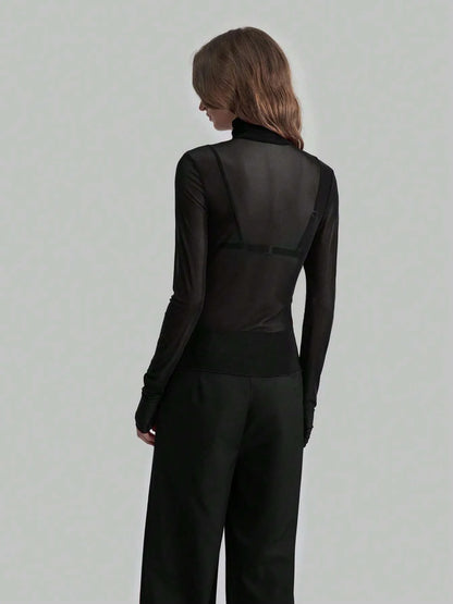 Sarah Express Women's Sheer Turtleneck Long Sleeve Top