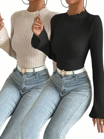 Sarah Express Women's Ribbed Knit Long Sleeve T-Shirt