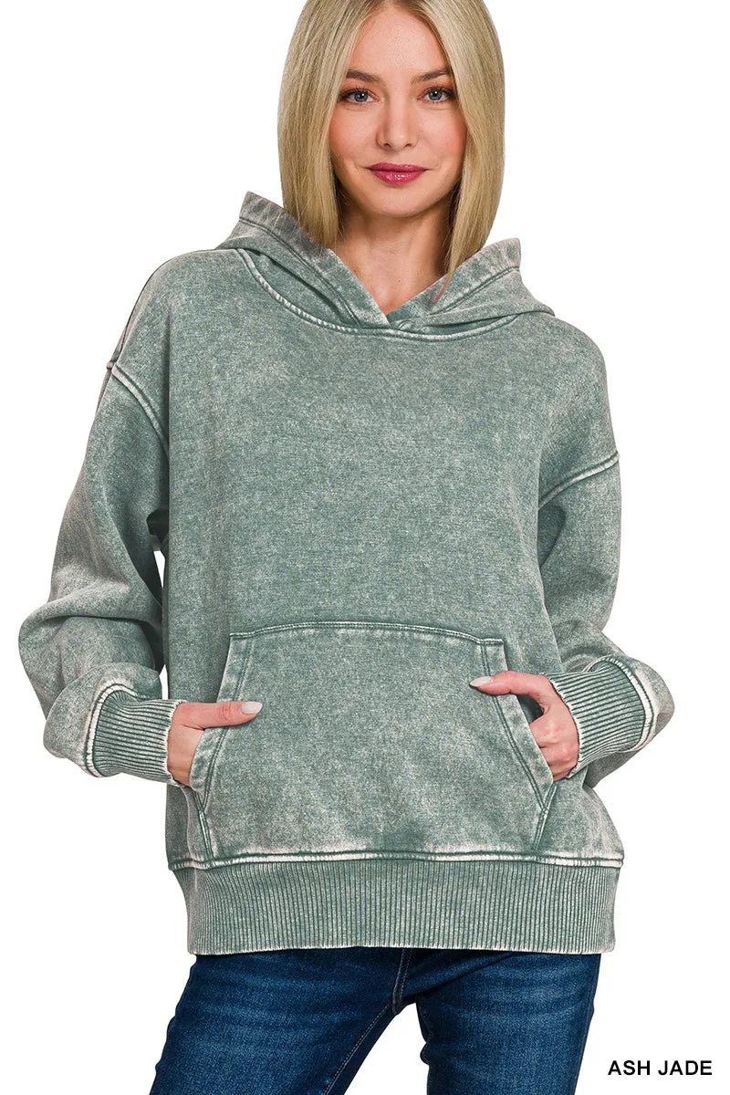 Sarah Express Women's Fleece Acid Wash Kangaroo Pocket Hoodie ASH JADE