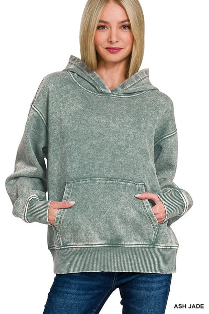 Sarah Express Women's Fleece Acid Wash Kangaroo Pocket Hoodie ASH JADE