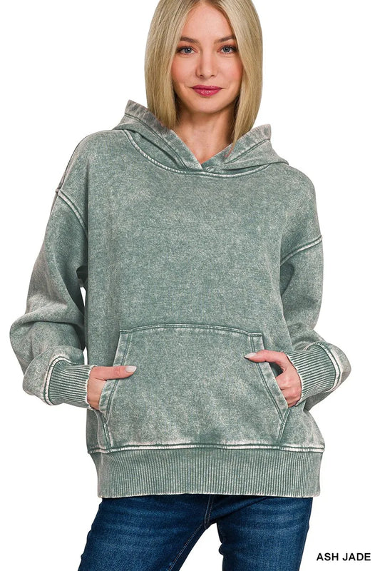 Sarah Express Women's Fleece Acid Wash Kangaroo Pocket Hoodie ASH JADE