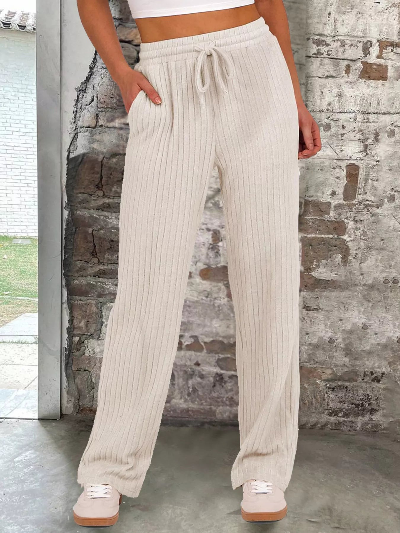 Sarah Express Women's Ribbed Knit Joggers with Pockets - Drawstring Waist Lounge Pants Apricot