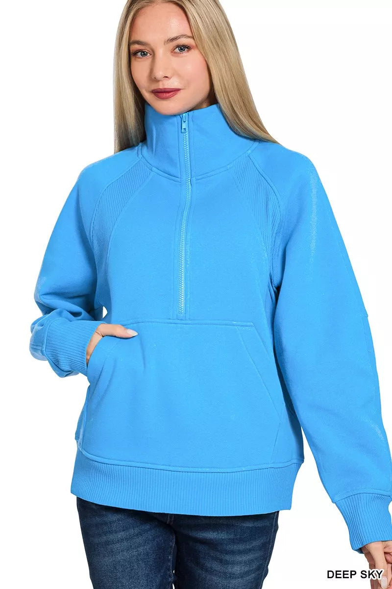 Sarah Express Women's Half Zip Fleece Sweatshirt with Kangaroo Pocket DEEP SKY