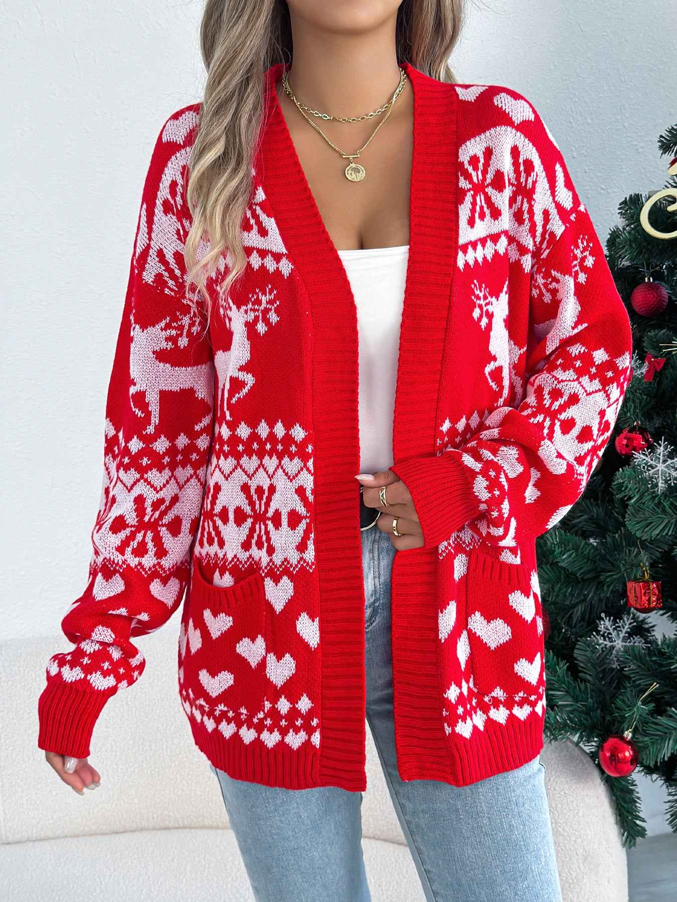 Sarah Express Women's Christmas Deer Pocket Cardigan Sweater Coat