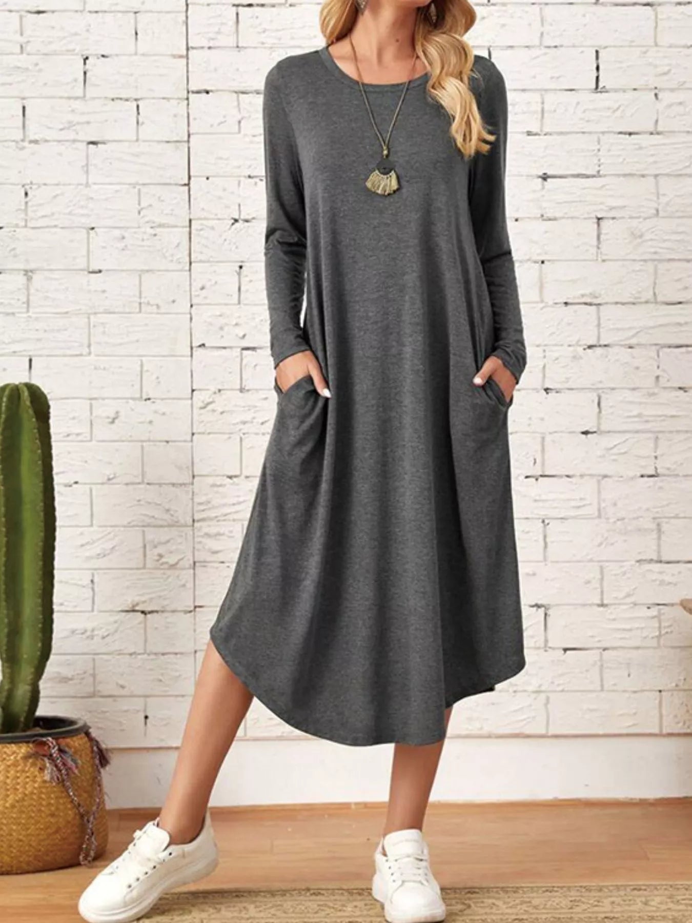 Sarah Express Women's Casual Long Sleeve Pocket Midi Dress