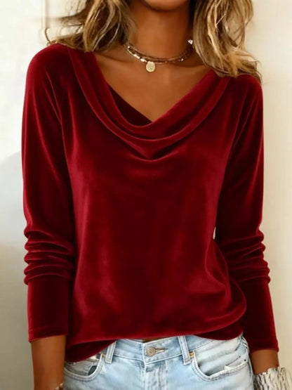 Sarah Express Women's Velvet Cowl Neck Long Sleeve Top - Luxe Drape Shirt Red
