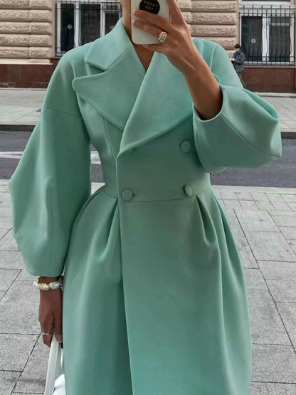 Sarah Express Women's Double-Breasted Longline Coat - Ruched Button Front Outerwear Green